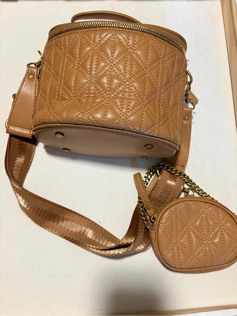Zara Quilted Tan Cosmetic Bag